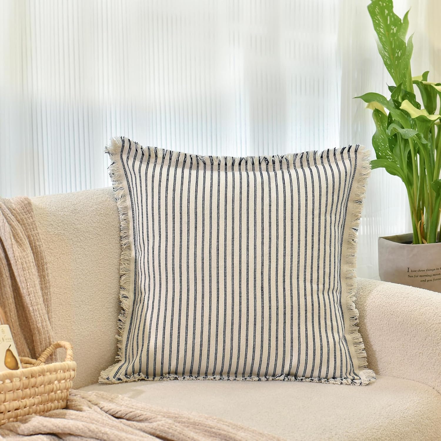 Throw Pillow Covers 22x22 Set of 2 Striped Pillow Covers with Fringe Chic Cotton Decorative Pillows Square Cushion Covers for Sofa Couch Bed Living Room Farmhouse Decor