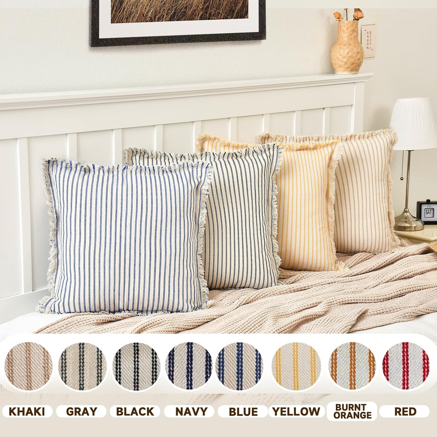Throw Pillow Covers 22x22 Set of 2 Striped Pillow Covers with Fringe Chic Cotton Decorative Pillows Square Cushion Covers for Sofa Couch Bed Living Room Farmhouse Decor