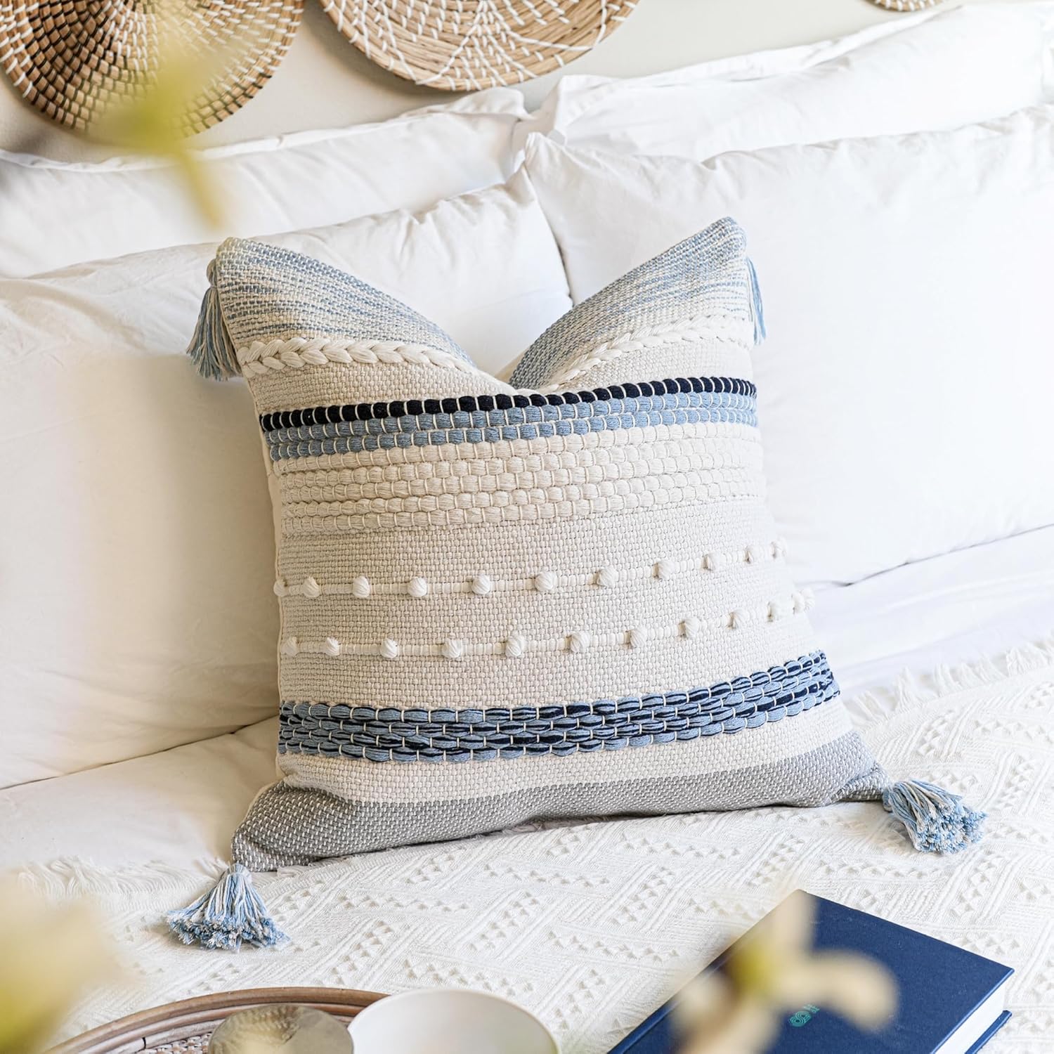 Blue Boho Decorative Throw Pillow Cover 20x20 Modern Bohemian Accent Pillow Case Square Woven Textured Farmhouse Pillows for Couch Bed (Pack of 1)