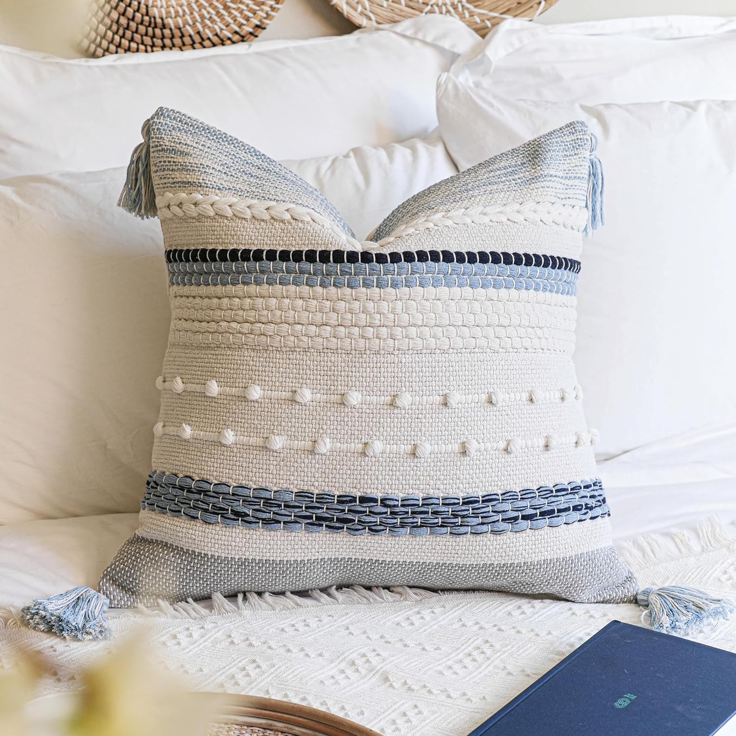 Blue Boho Decorative Throw Pillow Cover 20x20 Modern Bohemian Accent Pillow Case Square Woven Textured Farmhouse Pillows for Couch Bed (Pack of 1)