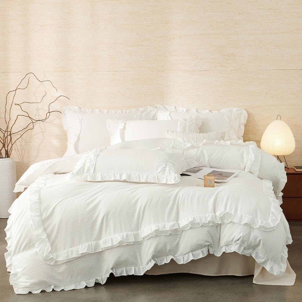 White Ruffle Duvet Cover Set - Full Size Vintage Ruffle Fringe Comforter Cover - Boho Chic Duvet Cover - Farmhouse Rustic Microfiber Bedding Set with Zipper Closure - 3 Pieces Bed Set