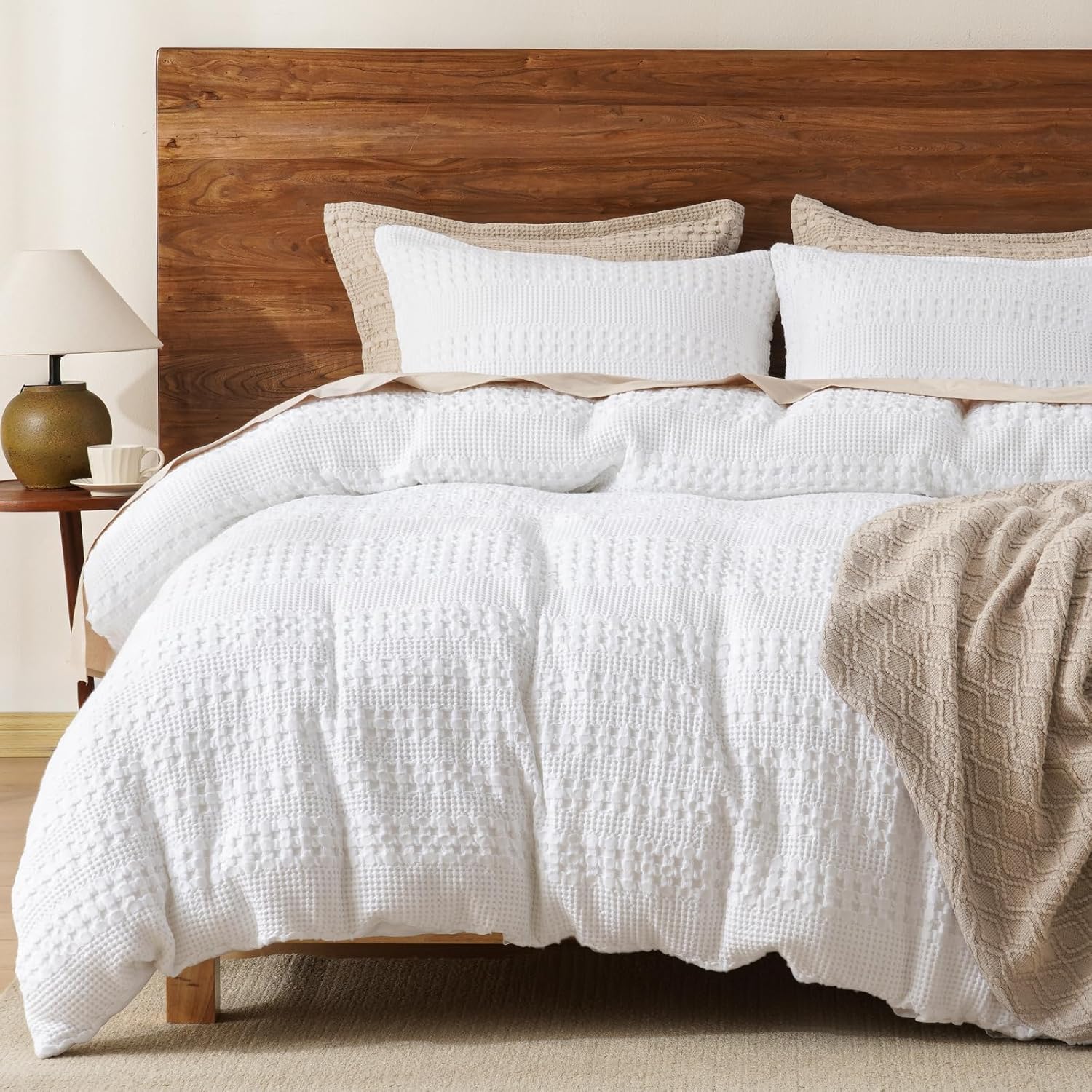 100% Cotton Waffle Duvet Cover Queen Size, Soft Breathable Cotton Bedding Duvet Cover Set for All Season, Weave Luxury Textured Design for All Home Decor, 3 Pieces, 90"x90", White
