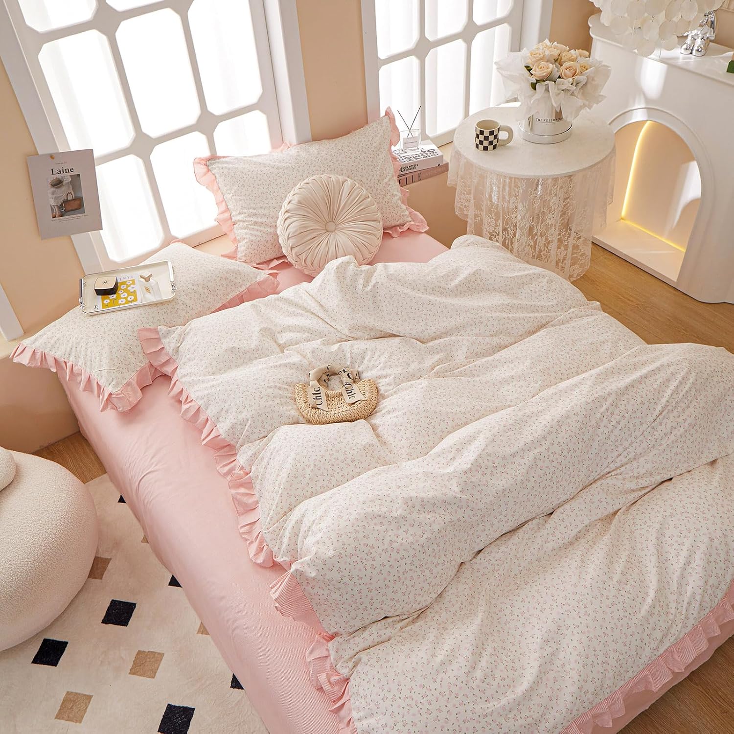 Pink Floral with Ruffle 100% Cotton Duvet Cover Queen Size Set, 3Pcs Teen Girls Flower Comforter Cover with Zipper Closure, Princess Vintage Bedding Sets 90"x90"