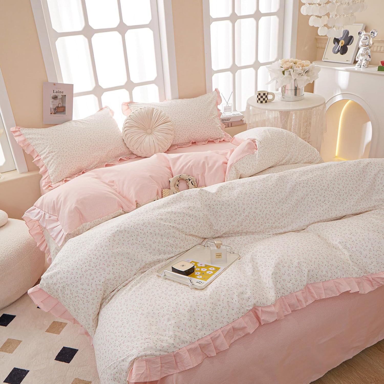 Pink Floral with Ruffle 100% Cotton Duvet Cover Queen Size Set, 3Pcs Teen Girls Flower Comforter Cover with Zipper Closure, Princess Vintage Bedding Sets 90"x90"