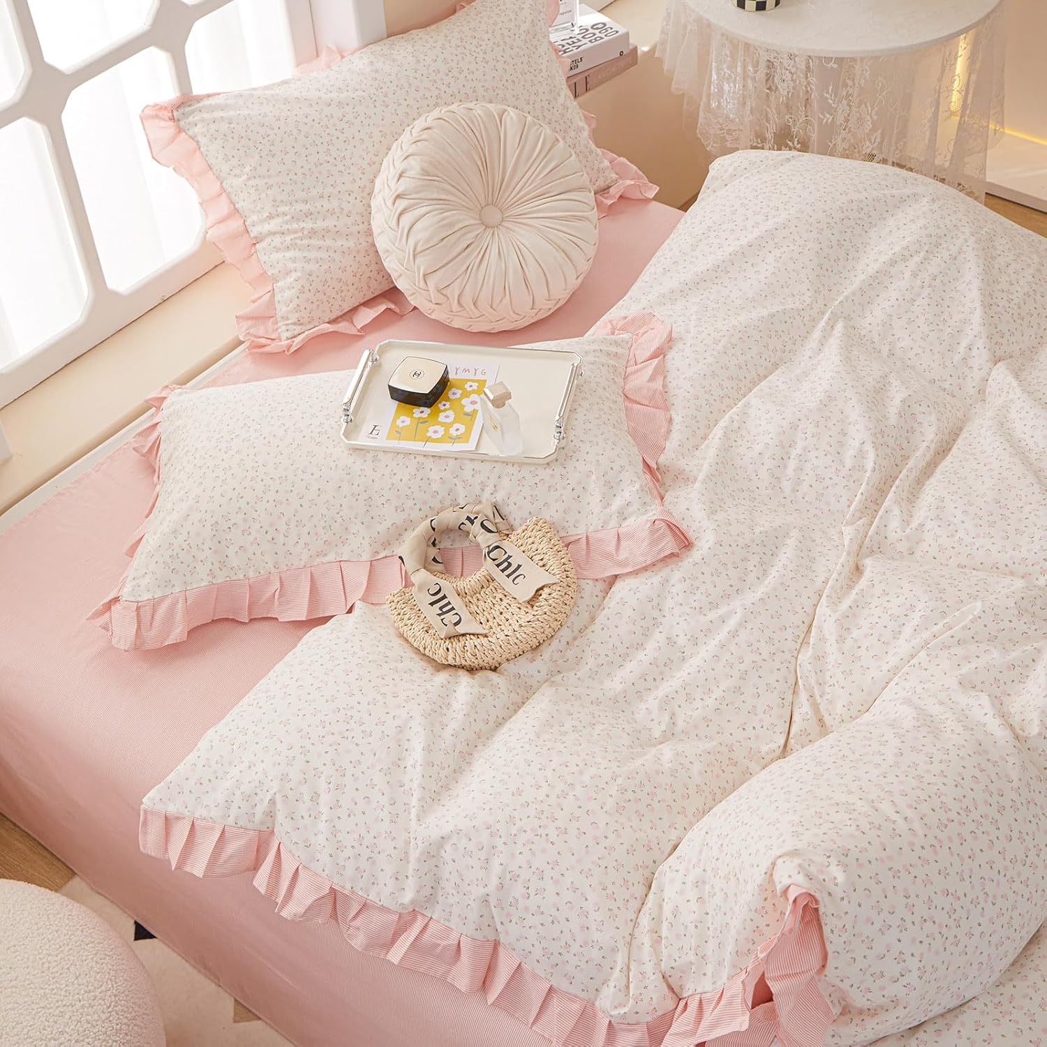 Pink Floral with Ruffle 100% Cotton Duvet Cover Queen Size Set, 3Pcs Teen Girls Flower Comforter Cover with Zipper Closure, Princess Vintage Bedding Sets 90"x90"