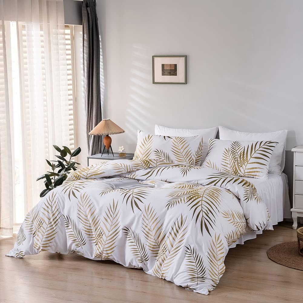 Gold Leaf Duvet Cover Queen Size Tropical Botanical Leaves Printed on White Bedding Set Soft Lightweight Microfiber Garden Farmhouse Comforter Covers with Zipper Closure Corner Ties