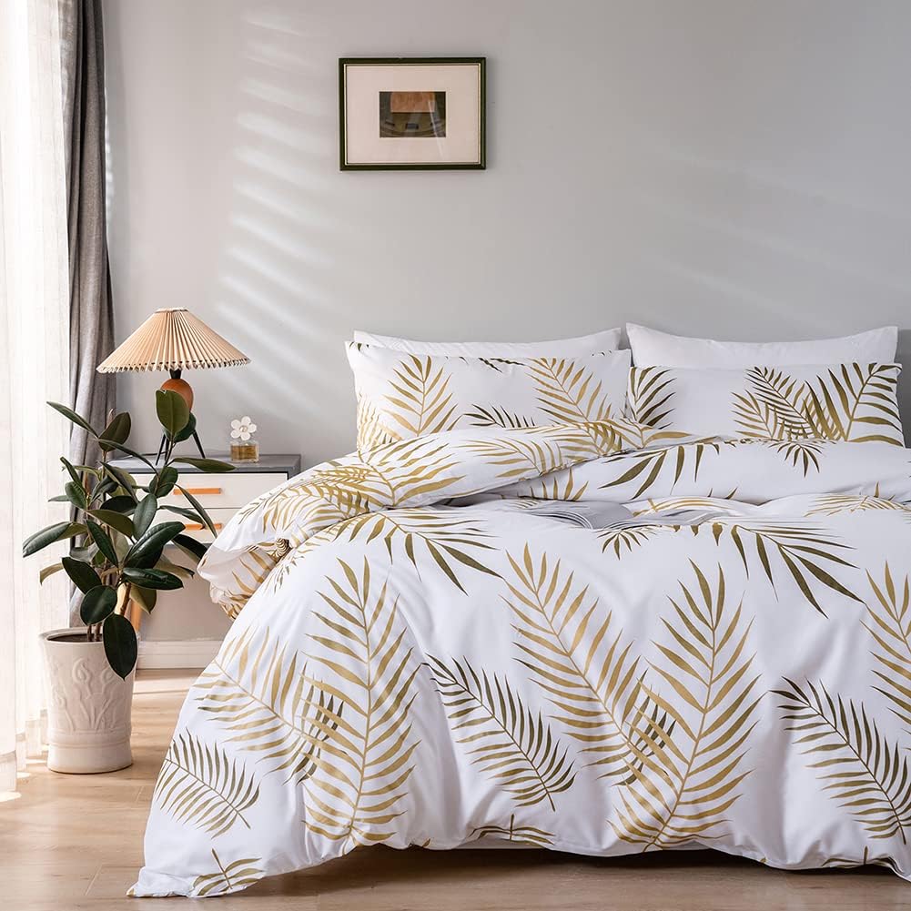 Gold Leaf Duvet Cover Queen Size Tropical Botanical Leaves Printed on White Bedding Set Soft Lightweight Microfiber Garden Farmhouse Comforter Covers with Zipper Closure Corner Ties