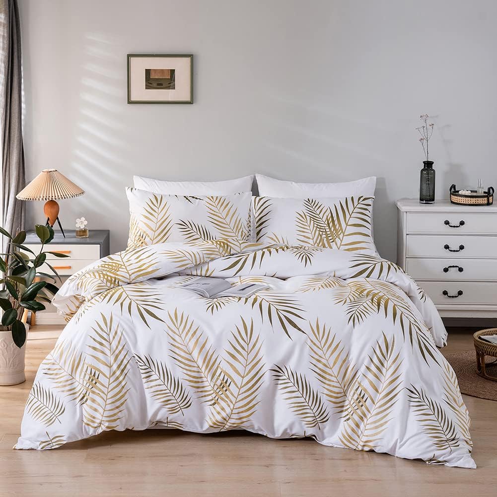 Gold Leaf Duvet Cover Queen Size Tropical Botanical Leaves Printed on White Bedding Set Soft Lightweight Microfiber Garden Farmhouse Comforter Covers with Zipper Closure Corner Ties