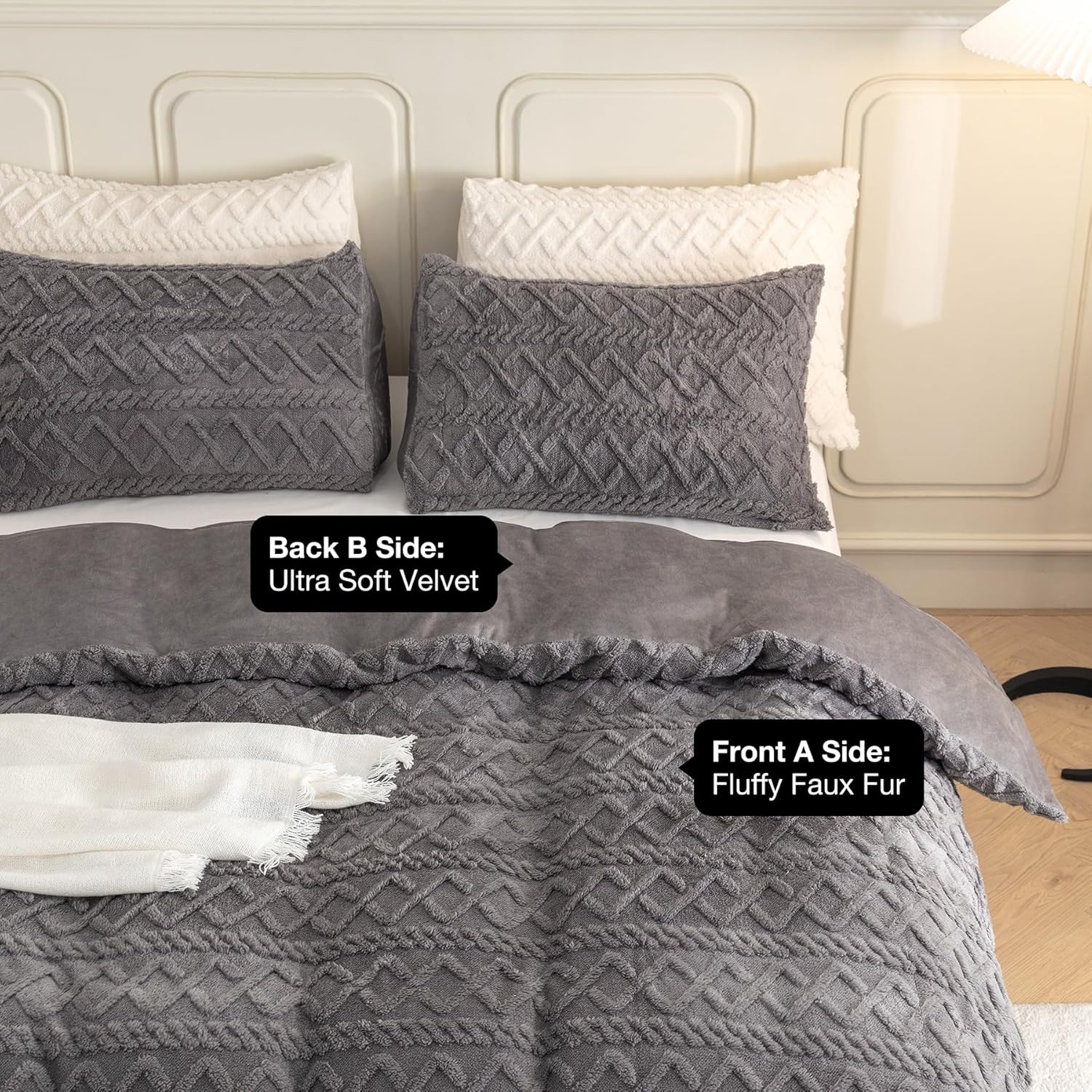 Duvet Cover Queen Size Ultra Soft Fuzzy Duvet Cover 3 Pieces Shaggy Bedding Set Includes 1 Faux Fur Duvet Cover + 2 Fur Pillowcases No Comforter (Queen, Gray)