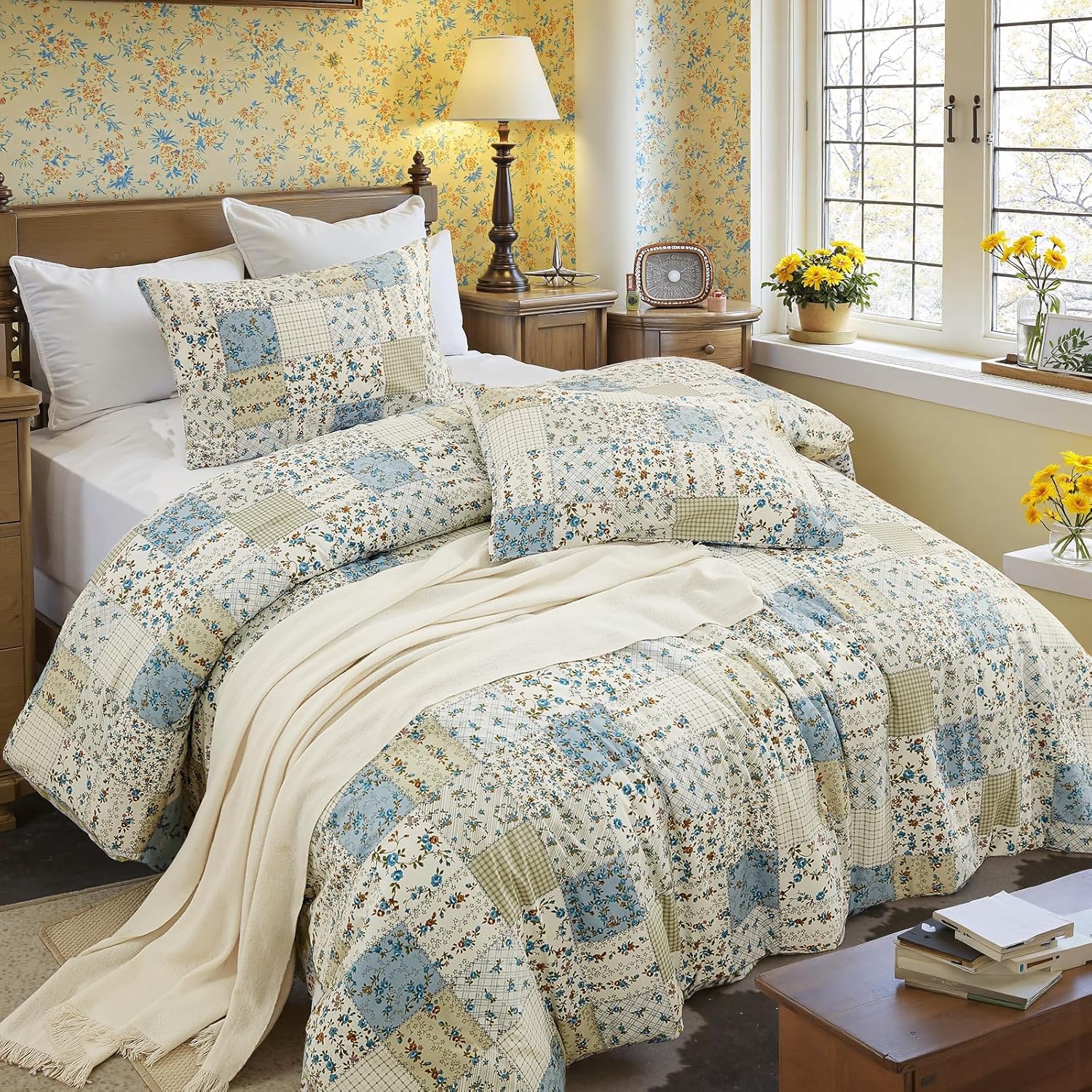 Blue Floral Duvet Cover Set Queen Size 100% Cotton Botanical Patchwork Vintage Bedding Quilt Cover All Season 3 Pieces Soft Lightweight Comforter Cover(Blue Patchwork, Queen)