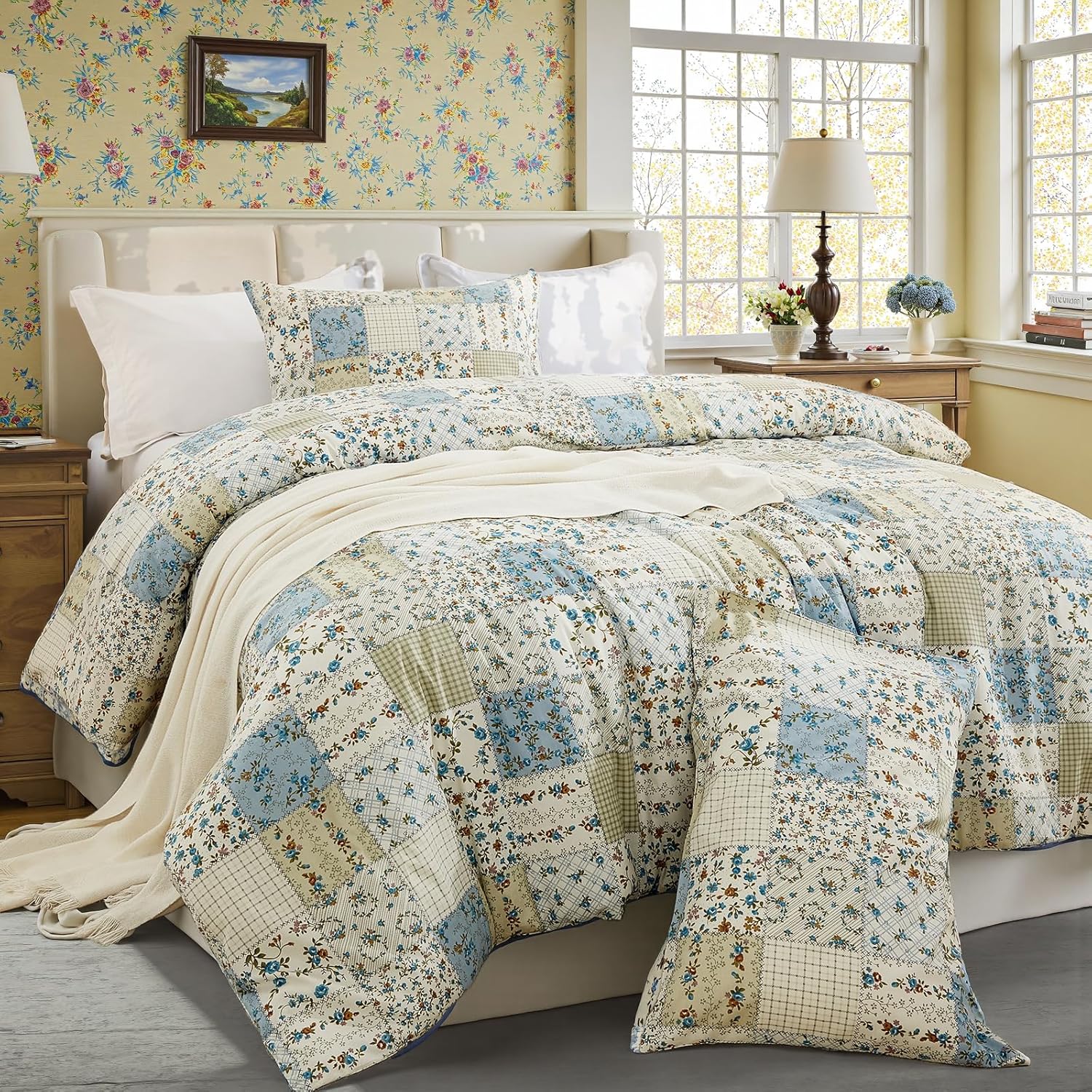 Blue Floral Duvet Cover Set Queen Size 100% Cotton Botanical Patchwork Vintage Bedding Quilt Cover All Season 3 Pieces Soft Lightweight Comforter Cover(Blue Patchwork, Queen)