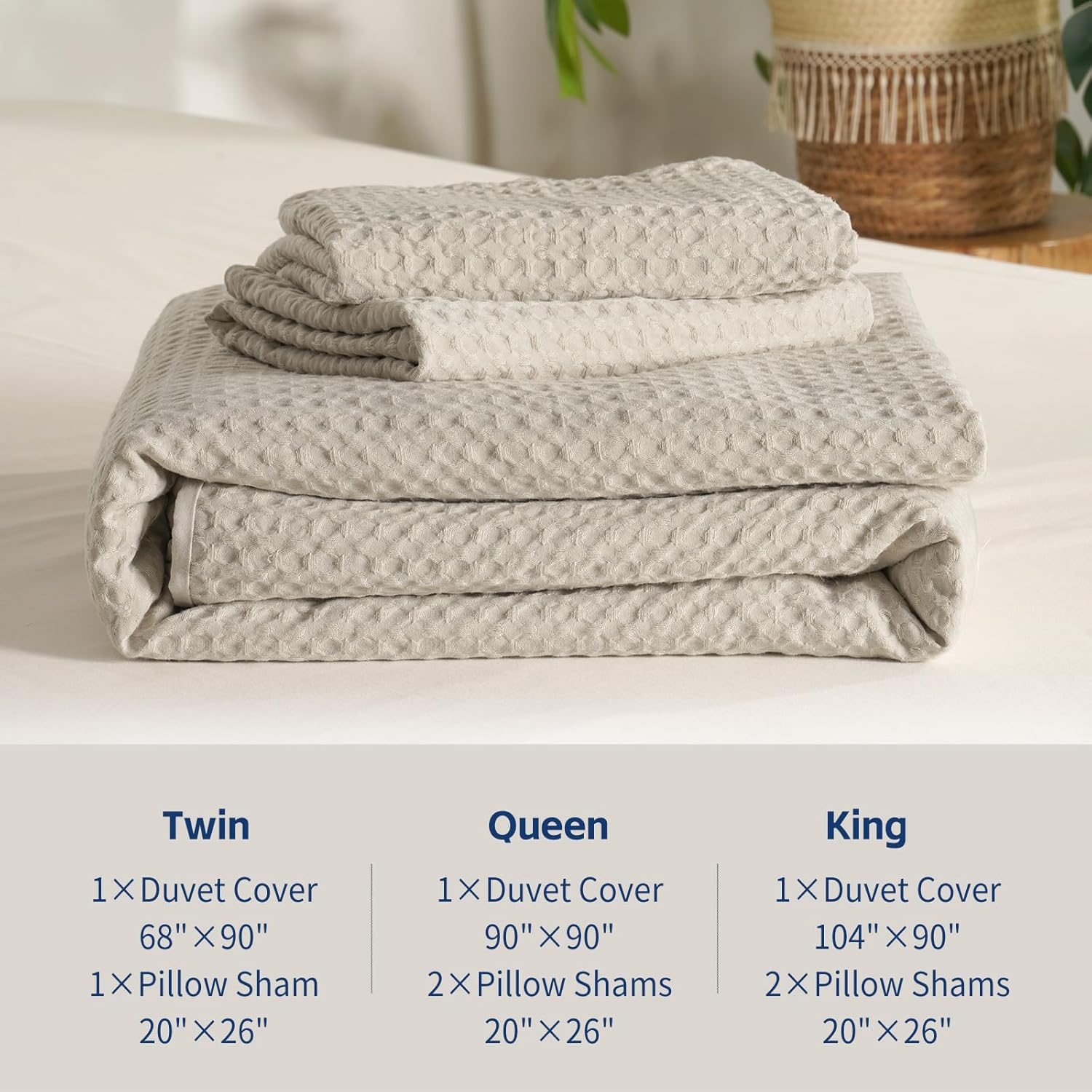 Waffle Wave Duvet Cover Set King Size,Soft Breathable 3pcs Comforter Cover Set with 2 Pillowcases,Textured Home Decor Bedding Set Cozy for All Seasons, Nature 104"×90",No Comforter