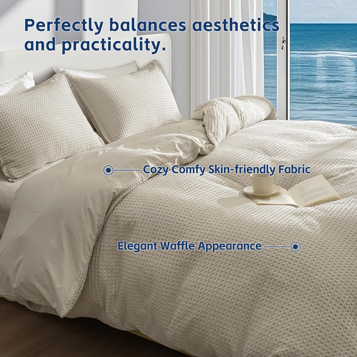 Waffle Wave Duvet Cover Set King Size,Soft Breathable 3pcs Comforter Cover Set with 2 Pillowcases,Textured Home Decor Bedding Set Cozy for All Seasons, Nature 104"×90",No Comforter