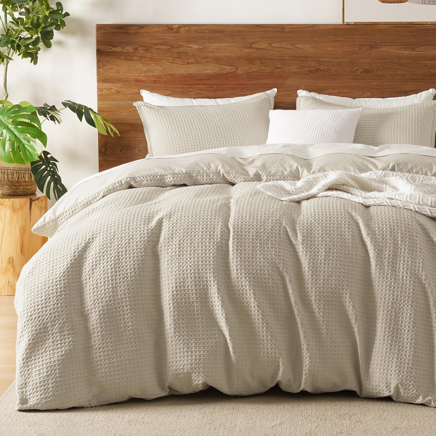 Waffle Wave Duvet Cover Set King Size,Soft Breathable 3pcs Comforter Cover Set with 2 Pillowcases,Textured Home Decor Bedding Set Cozy for All Seasons, Nature 104"×90",No Comforter