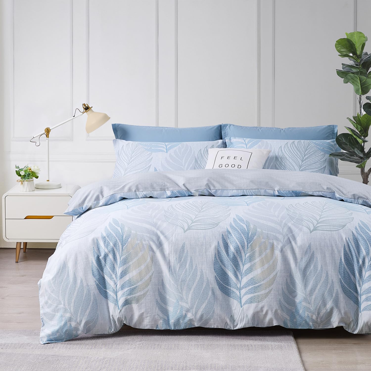 Tropical Monstera Leaf Duvet Cover Set 3pcs Queen Size Light Blue White Botanical Palm Leaves Bedding Comforter Cover Set 1 Duvet Cover 2 Pillow Shams, Comforter Not Included
