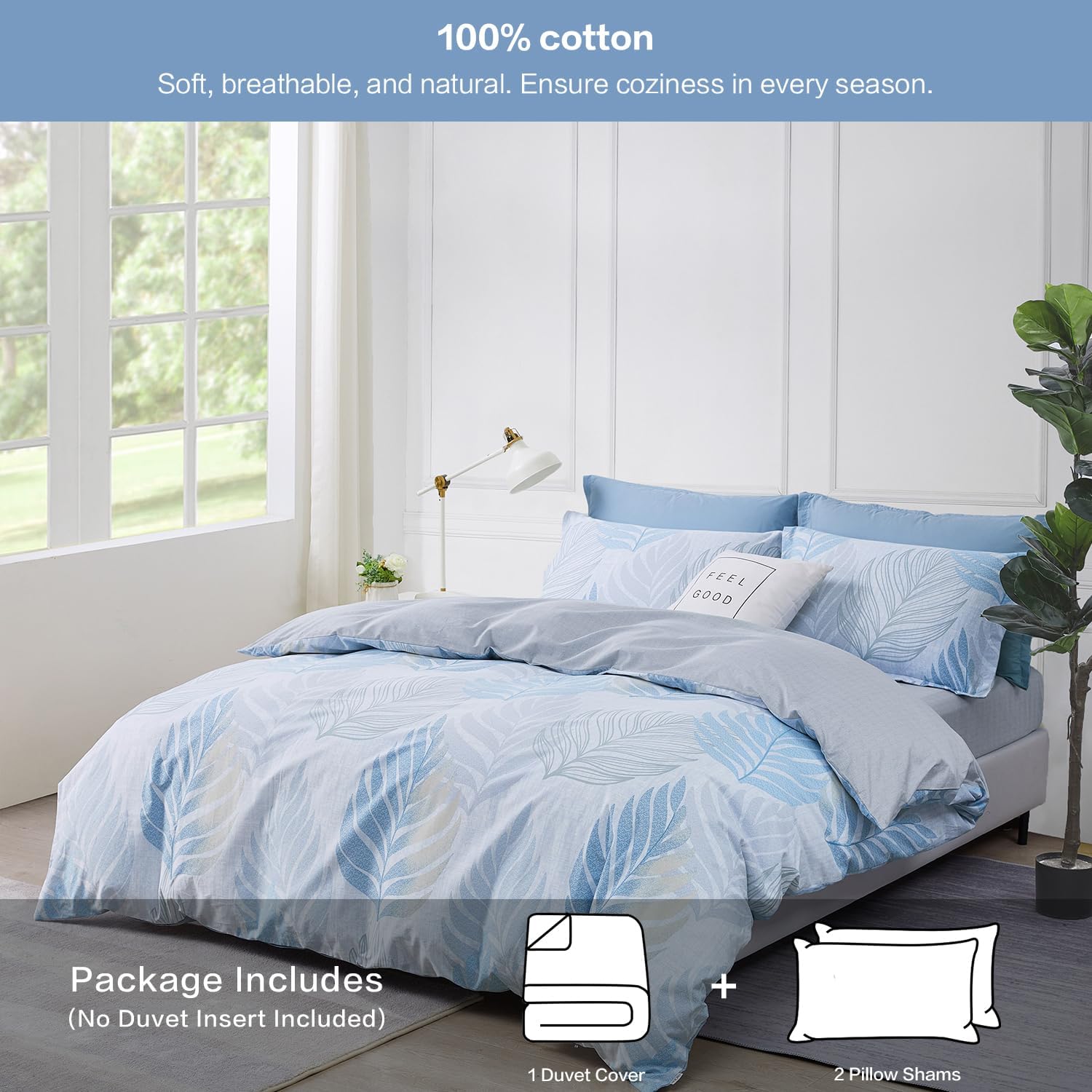 Tropical Monstera Leaf Duvet Cover Set 3pcs Queen Size Light Blue White Botanical Palm Leaves Bedding Comforter Cover Set 1 Duvet Cover 2 Pillow Shams, Comforter Not Included