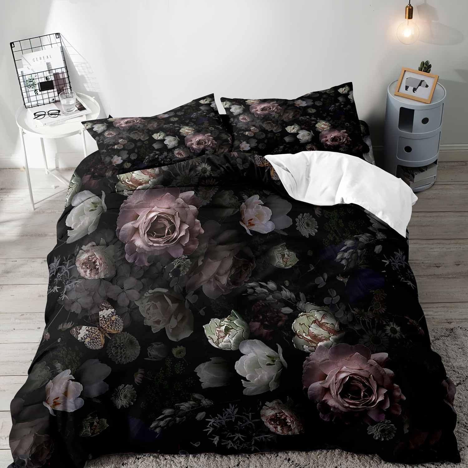 3PCS Black Floral Duvet Cover King Bedding Set, Gothic Bedding, Dark Moody Victorian Aesthetic Retro Garden Blossom Botanical Vintage Peony Rose Flower Comforter Quilt Cover, 2 Pillow Cases