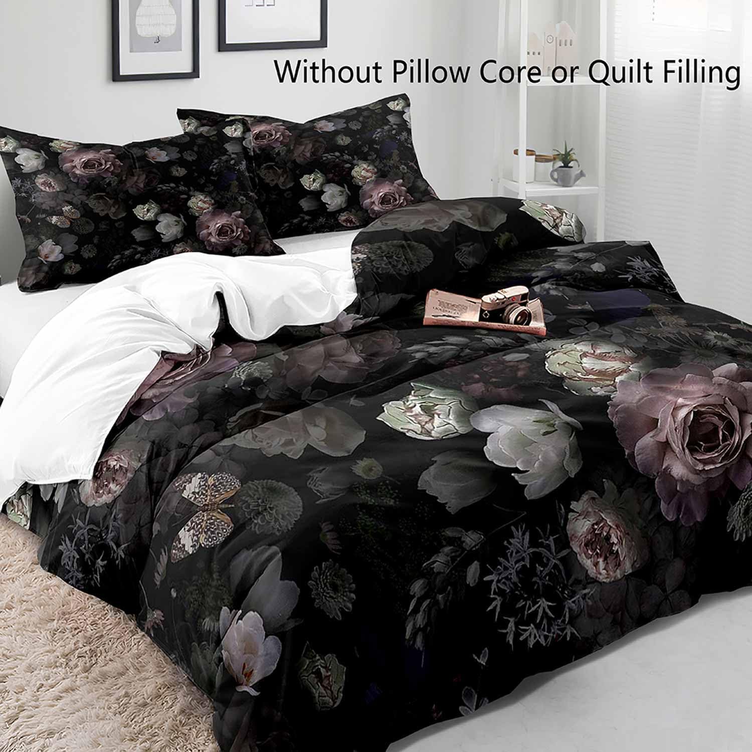 3PCS Black Floral Duvet Cover King Bedding Set, Gothic Bedding, Dark Moody Victorian Aesthetic Retro Garden Blossom Botanical Vintage Peony Rose Flower Comforter Quilt Cover, 2 Pillow Cases