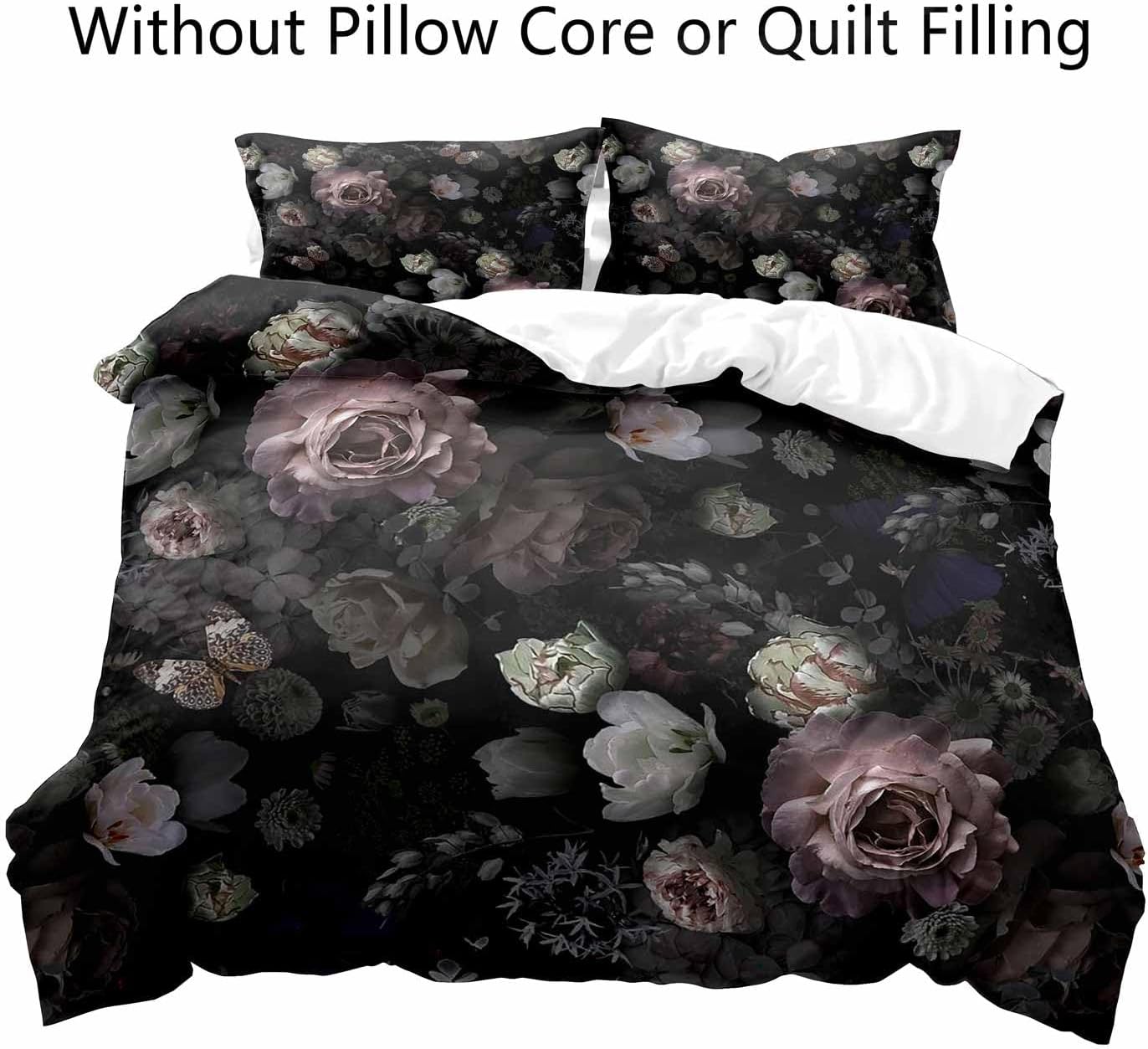 3PCS Black Floral Duvet Cover King Bedding Set, Gothic Bedding, Dark Moody Victorian Aesthetic Retro Garden Blossom Botanical Vintage Peony Rose Flower Comforter Quilt Cover, 2 Pillow Cases