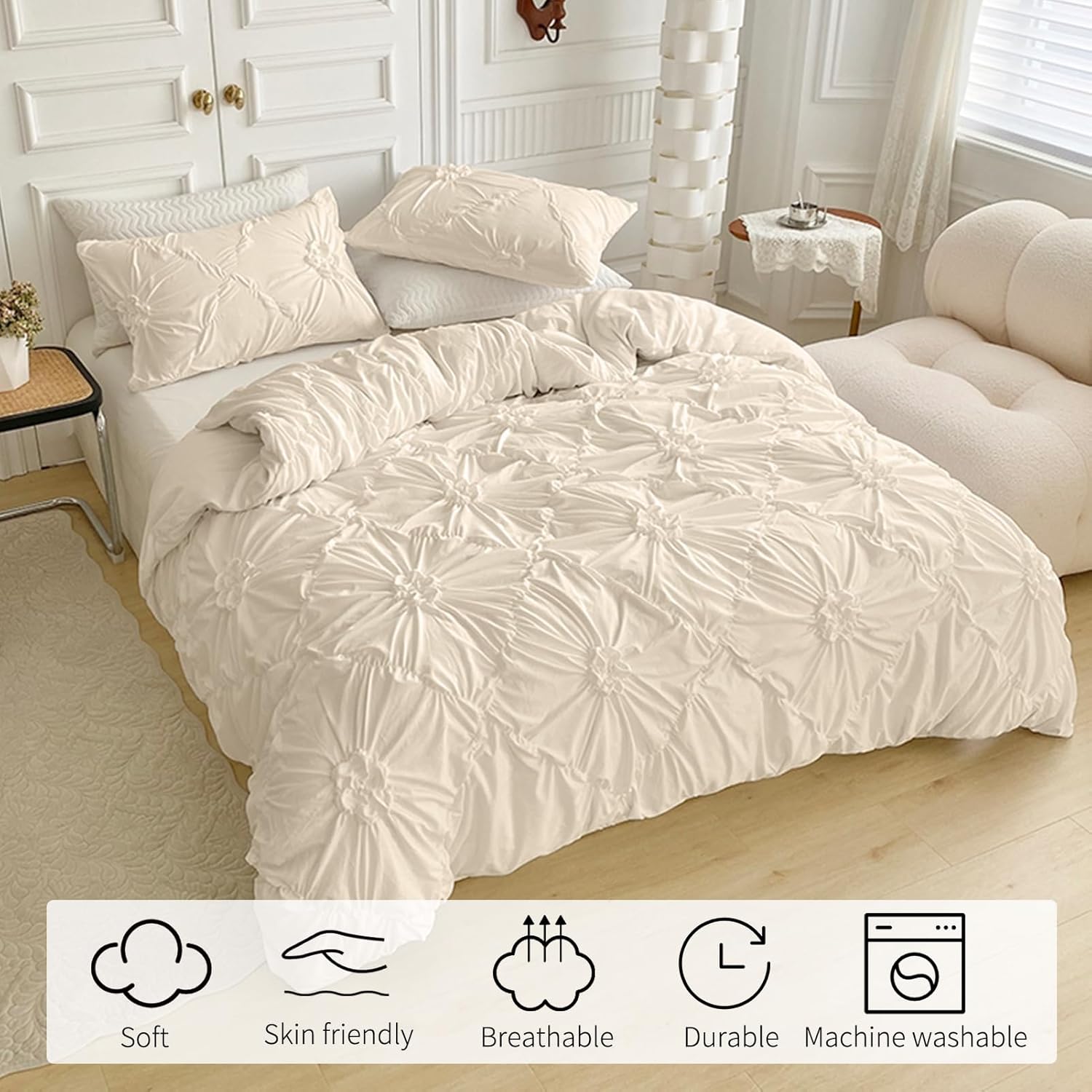 Beige Flower Duvet Cover Queen Size,3PCS Soft Microfiber Bedding Set,Boho Textured Geometric Pattern Duvet Cover with Corner Ties&Zipper Closure (90"x90"-1 Duvet Cover,2 Pillow Cases)