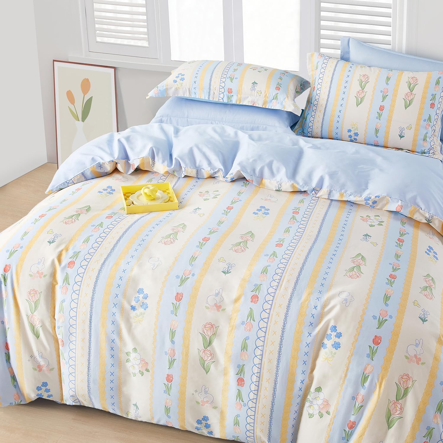 Home Blue Cartoon Duvet Cover Cotton Bedding Set 2pcs Colorful Floral and Animal Printed Comforter Cover with Zipper Closure and 8 Corners Ties,1 Twin Quilt Cover 1 Pillowsham