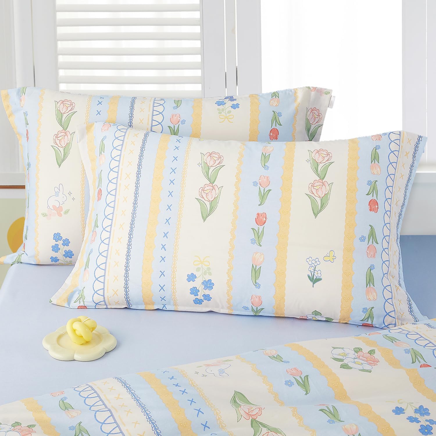 Home Blue Cartoon Duvet Cover Cotton Bedding Set 2pcs Colorful Floral and Animal Printed Comforter Cover with Zipper Closure and 8 Corners Ties,1 Twin Quilt Cover 1 Pillowsham
