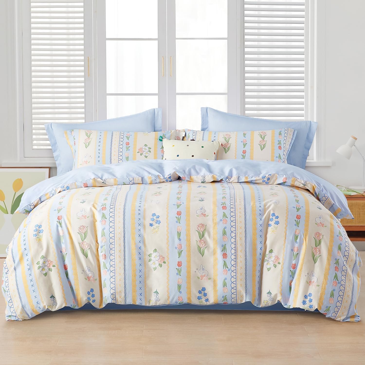 Home Blue Cartoon Duvet Cover Cotton Bedding Set 2pcs Colorful Floral and Animal Printed Comforter Cover with Zipper Closure and 8 Corners Ties,1 Twin Quilt Cover 1 Pillowsham