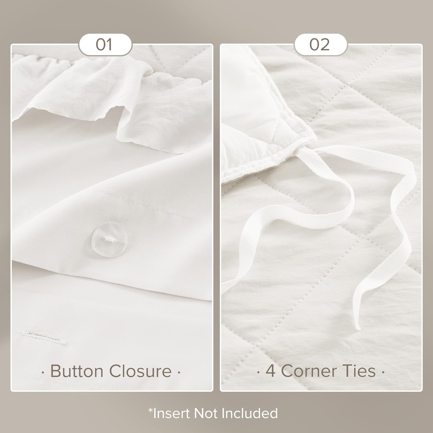 Ivory Queen Duvet Cover Set - 3 Pieces Ruffle Diamond Quilted Duvet Cover, All Season Lightweight, Cotton-Like Softness Pre-Washed Microfiber Queen Bedding Cover & Shams, Queen