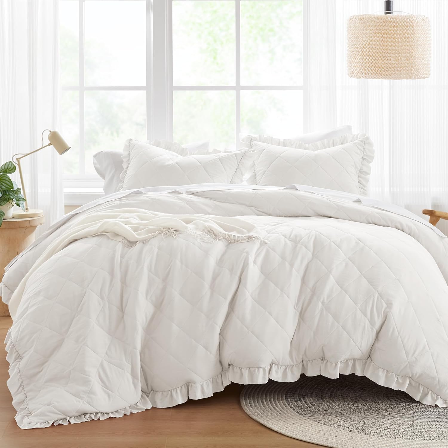 Ivory Queen Duvet Cover Set - 3 Pieces Ruffle Diamond Quilted Duvet Cover, All Season Lightweight, Cotton-Like Softness Pre-Washed Microfiber Queen Bedding Cover & Shams, Queen