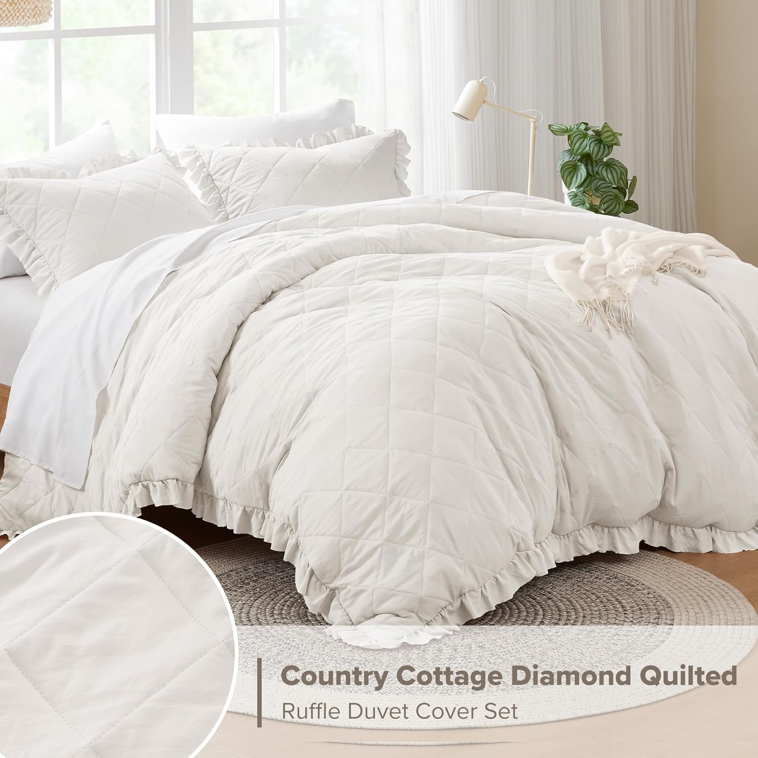 Ivory Queen Duvet Cover Set - 3 Pieces Ruffle Diamond Quilted Duvet Cover, All Season Lightweight, Cotton-Like Softness Pre-Washed Microfiber Queen Bedding Cover & Shams, Queen