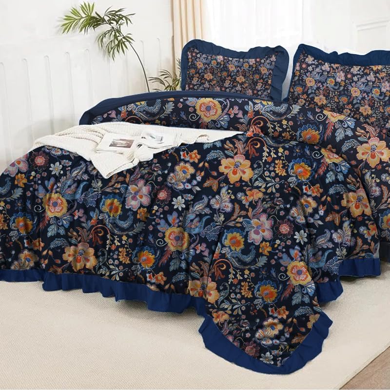 Duvet Cover King Size 100% Cotton,3pc Linen Feel Boho Vintage Ruffled Quilt Cover Set French Country Rustic Cornflower Blue Comforter Cover Aesthetic Soft Bedding Set