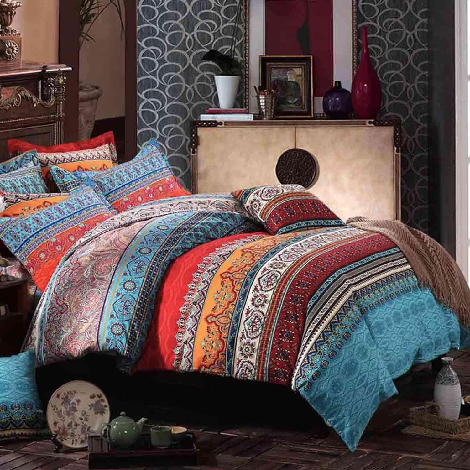 Boho Red and Blue Duvet Cover Queen Size - Colorful Retro Striped Printed Pattern Microfiber Comforter Quilt Bedding Cover Set - 3 Pcs 90x90 Soft, Bohemian Exotic Vintage Style for Women Men