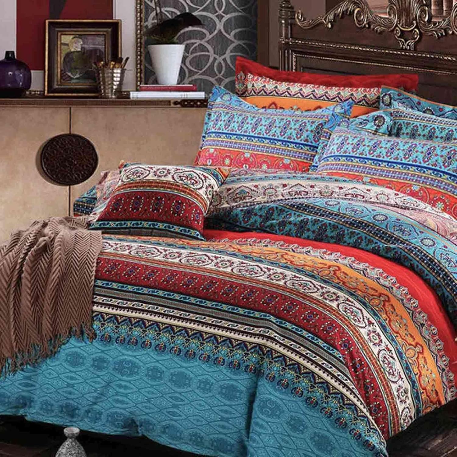 Boho Red and Blue Duvet Cover Queen Size - Colorful Retro Striped Printed Pattern Microfiber Comforter Quilt Bedding Cover Set - 3 Pcs 90x90 Soft, Bohemian Exotic Vintage Style for Women Men