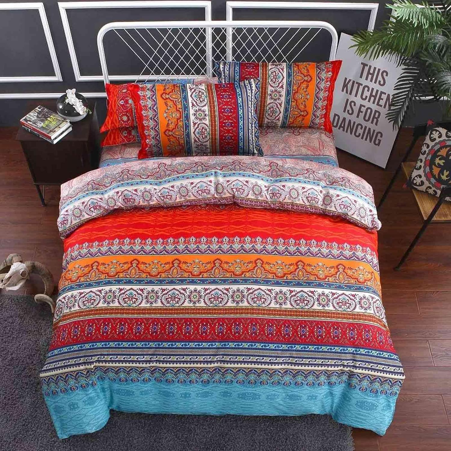 Boho Red and Blue Duvet Cover Queen Size - Colorful Retro Striped Printed Pattern Microfiber Comforter Quilt Bedding Cover Set - 3 Pcs 90x90 Soft, Bohemian Exotic Vintage Style for Women Men