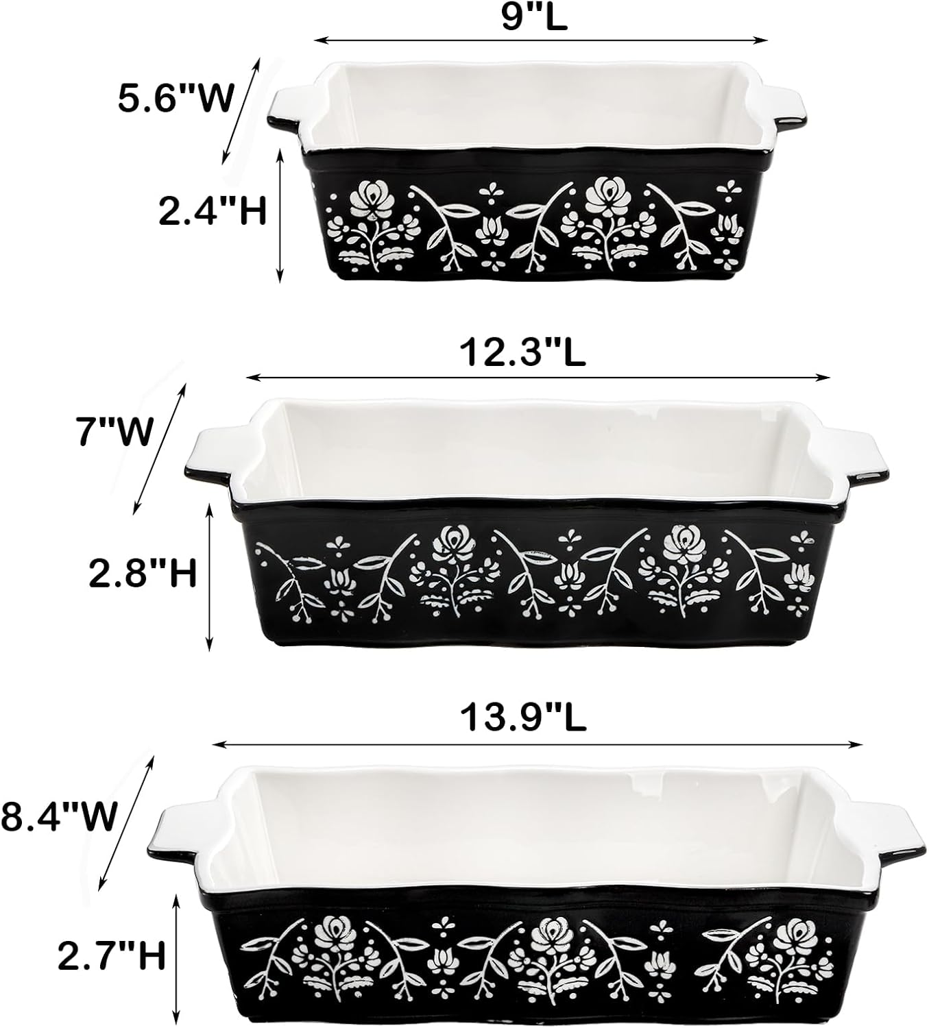 3-Piece Ceramic Baking Dishes with Handles, Casserole Dishes for Oven, Rectangular Deep Lasagna Pans, Porcelain Bakeware Sets for Baking Cake Kitchen, Cooking, Black and White
