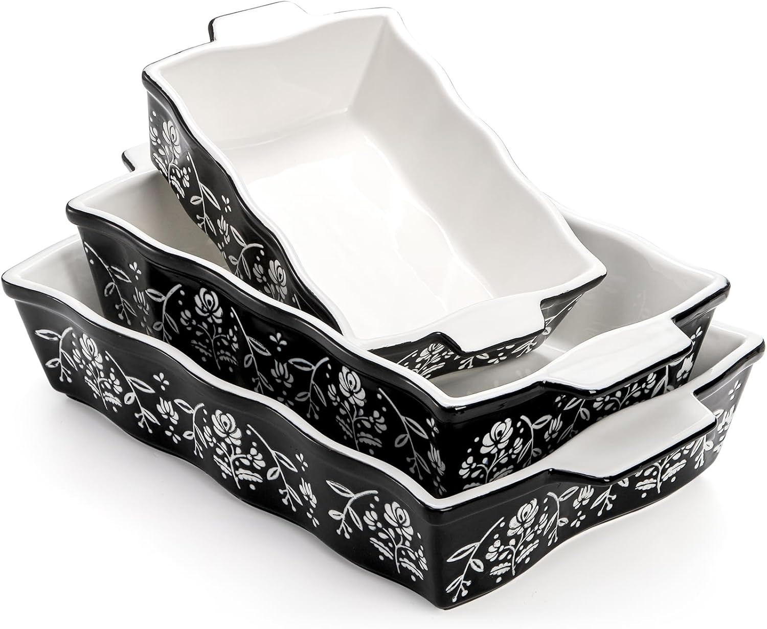 3-Piece Ceramic Baking Dishes with Handles, Casserole Dishes for Oven, Rectangular Deep Lasagna Pans, Porcelain Bakeware Sets for Baking Cake Kitchen, Cooking, Black and White