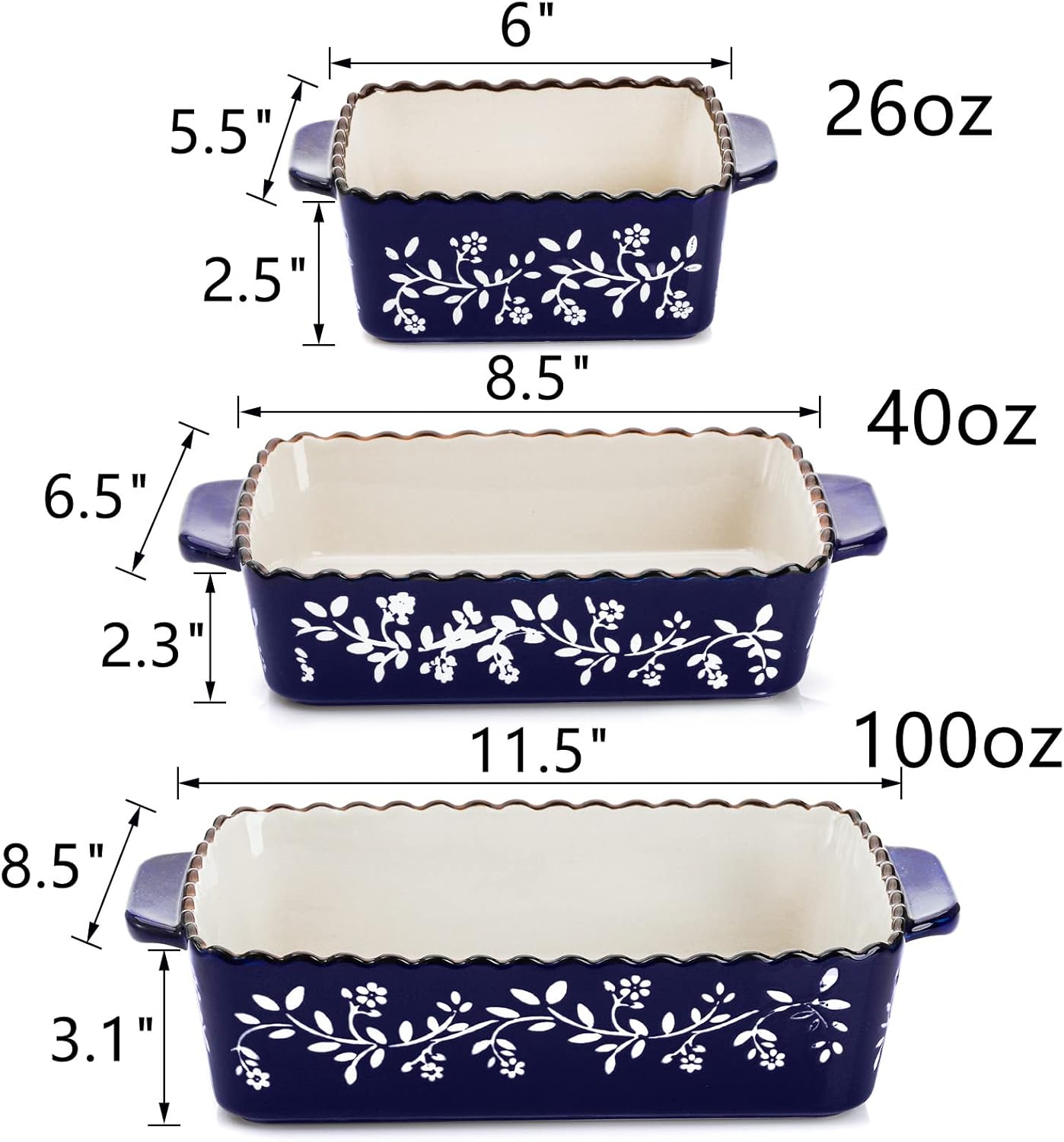 3 Pack Ceramic Bakeware Set Porcelain Rectangular Baking Dish Lasagna Pans for Cooking Kitchen Casserole Dishes Cake Dinner 12 x 8.5 x 6 Inches of Baking Pans Banquet and Daily Use Cobalt Blue
