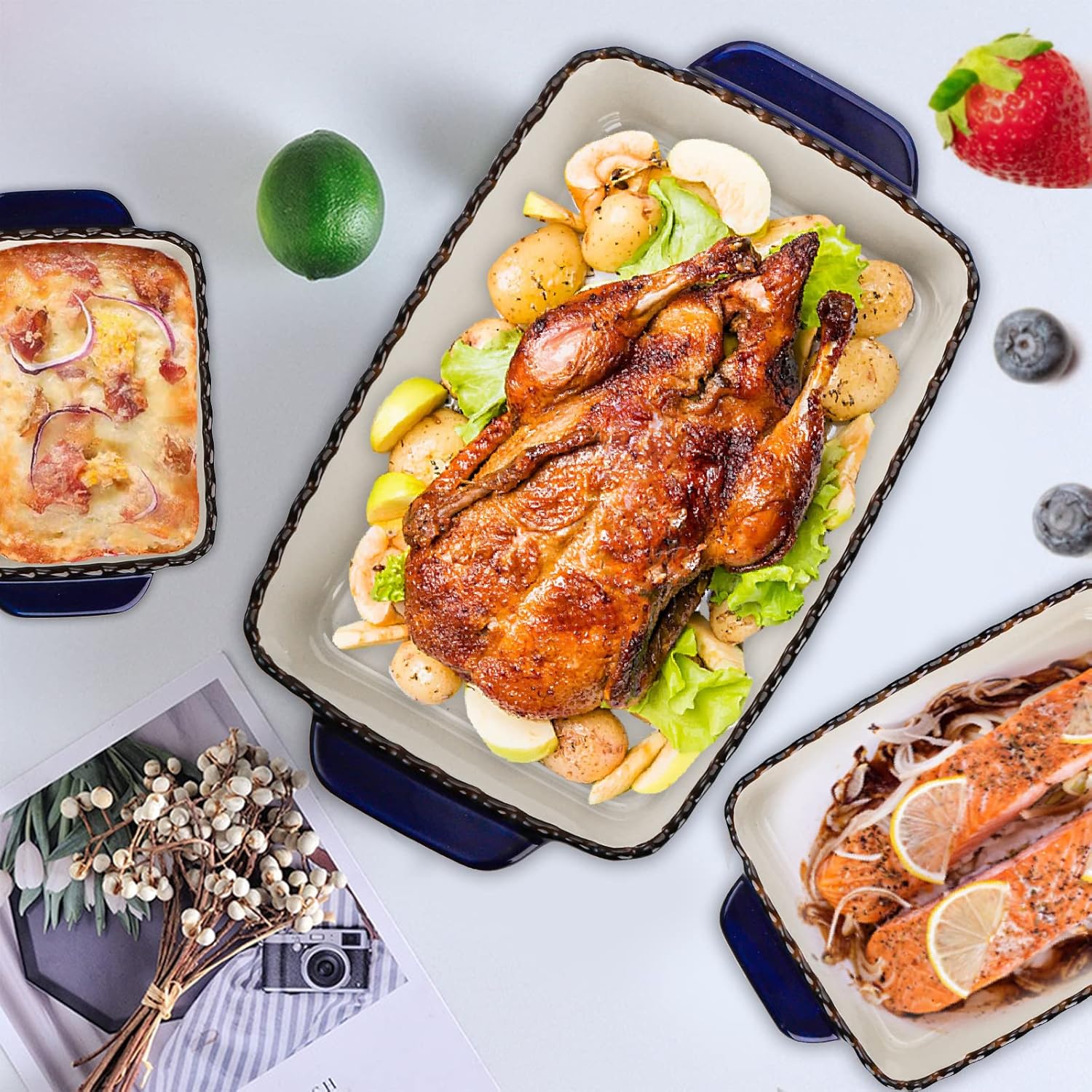 3 Pack Ceramic Bakeware Set Porcelain Rectangular Baking Dish Lasagna Pans for Cooking Kitchen Casserole Dishes Cake Dinner 12 x 8.5 x 6 Inches of Baking Pans Banquet and Daily Use Cobalt Blue