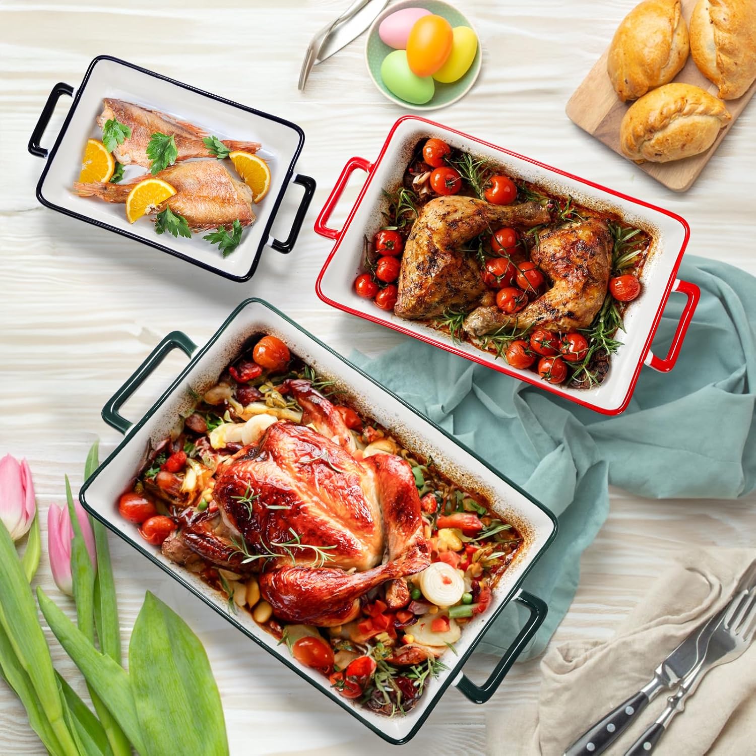 Set of 3 Casserole Dishes for Oven, Porcelain Baking Dishes with Handle, Large Rectangular Lasagna Pans, Ceramic Bakeware Set for Cooking, Kitchen, Cake Dinner, Banquet, Wedding and Daily Use