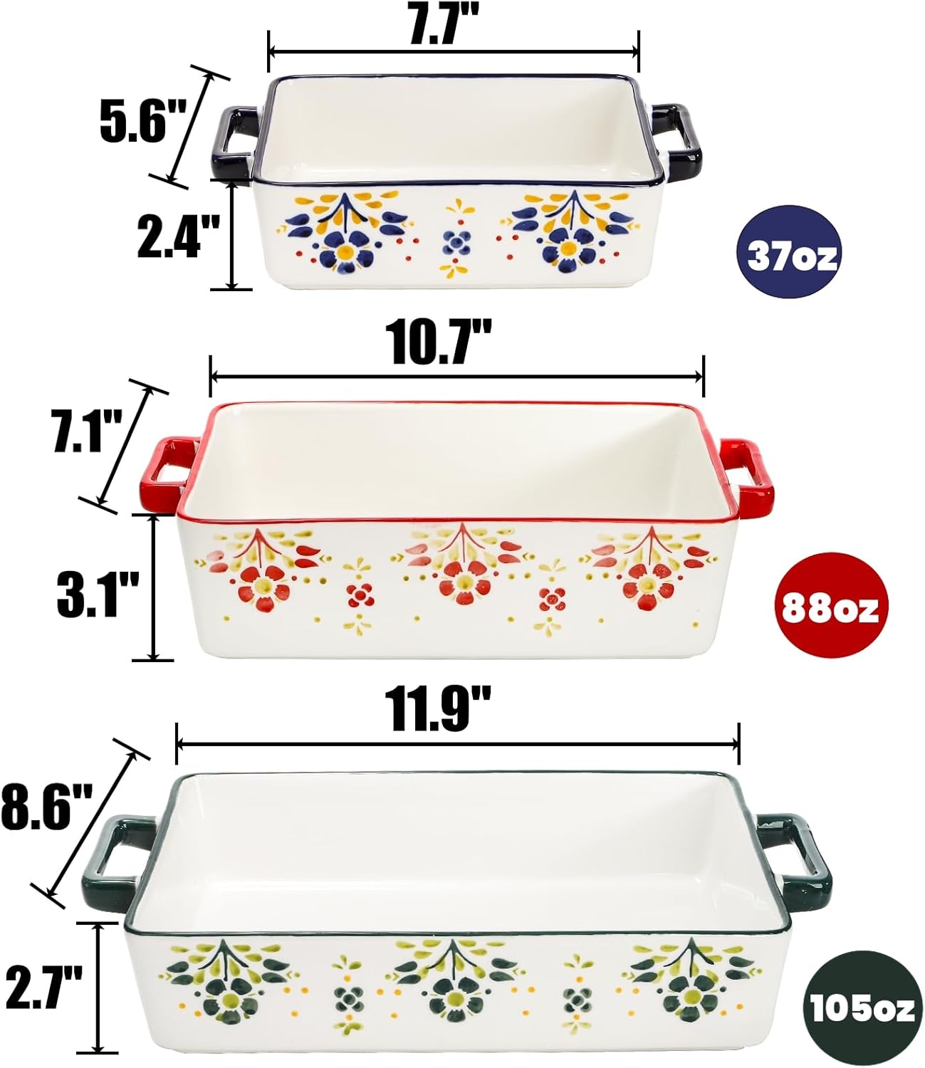 Set of 3 Casserole Dishes for Oven, Porcelain Baking Dishes with Handle, Large Rectangular Lasagna Pans, Ceramic Bakeware Set for Cooking, Kitchen, Cake Dinner, Banquet, Wedding and Daily Use