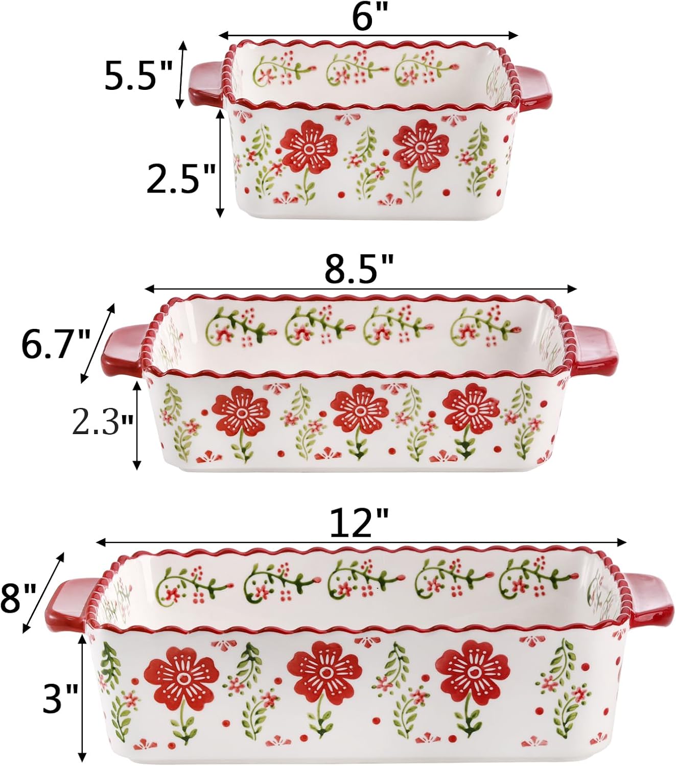 3 Pack Ceramic Baking Dishes, Rectanglar Bakeware Set Hand-painted Lasagna Pan Porcelain Serving Bakeware for Pasta, Chicken, Kitchen, Banquet, Microwave and Dishwasher Safe