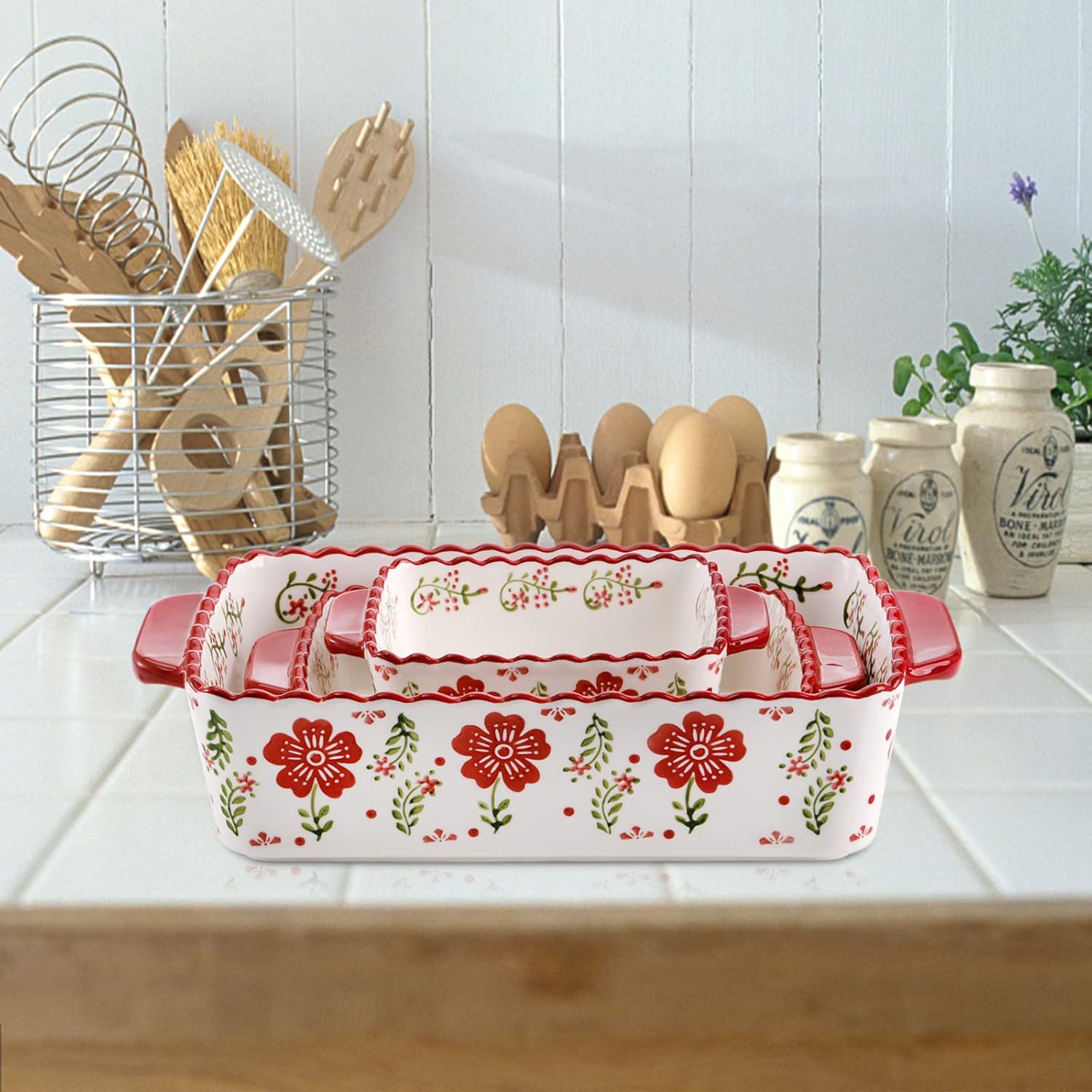 3 Pack Ceramic Baking Dishes, Rectanglar Bakeware Set Hand-painted Lasagna Pan Porcelain Serving Bakeware for Pasta, Chicken, Kitchen, Banquet, Microwave and Dishwasher Safe