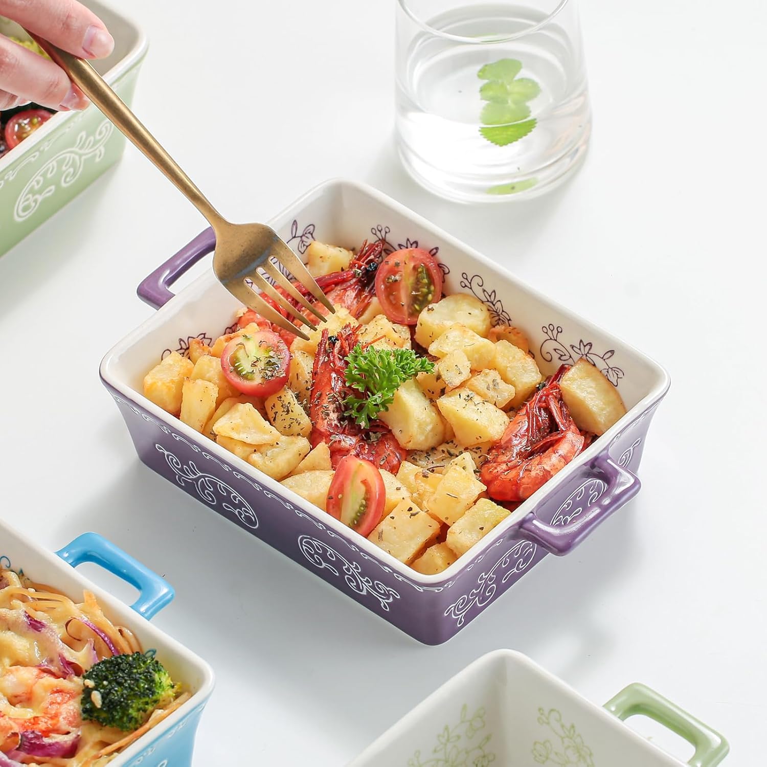 Casserole Dishes for Oven, Ceramic Baking Dishes for Oven Set of 2, Lasagna Pan Deep, Baking Pan Set Square Casserole Dish Set with Handles for Baking, Pattern Purple(11.4+8.5inch)