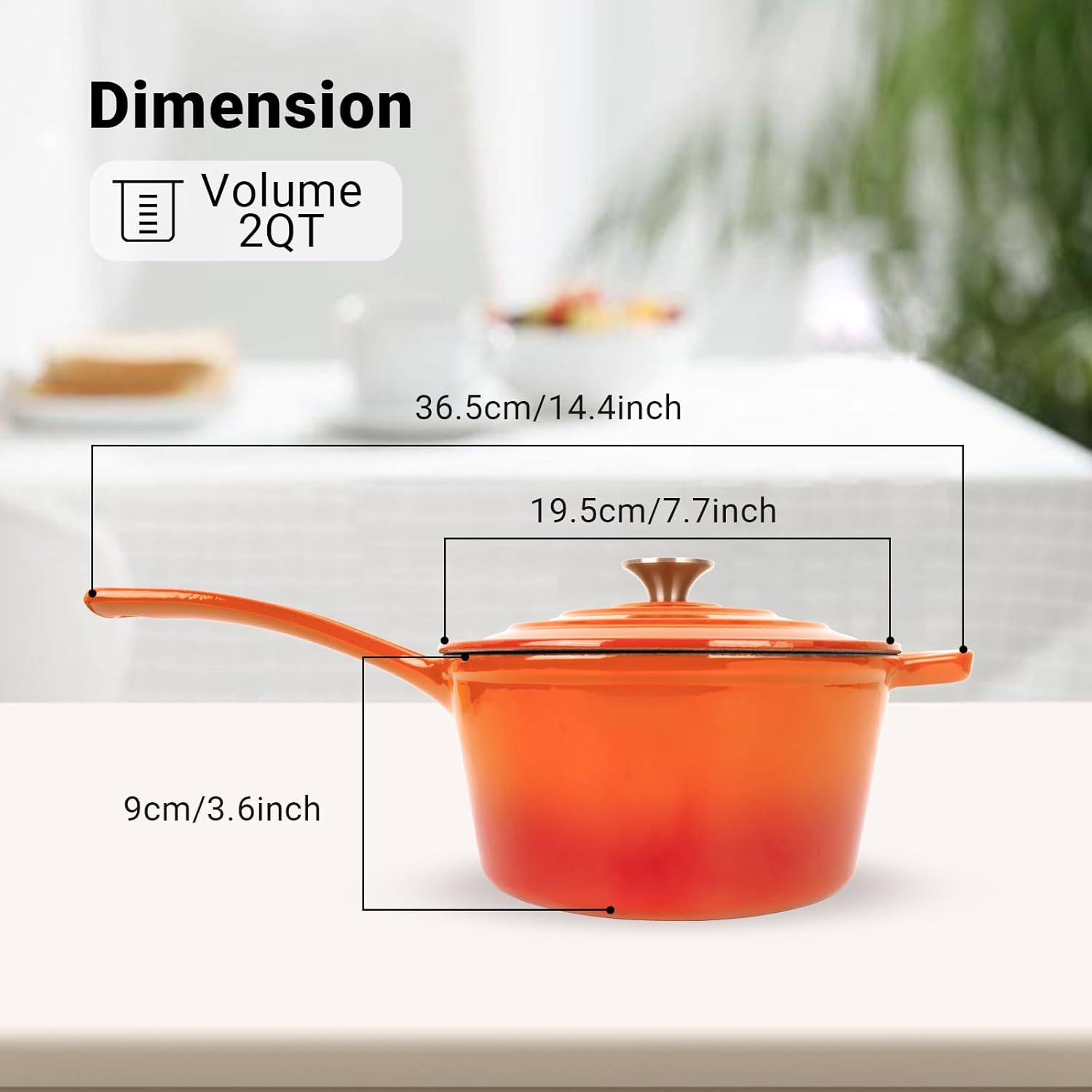 Enameled Cast Iron Sauce Pan, 2 Quarts Round Sauce Pot with Lid, Mini Dutch Oven Enamel Saucepan for Cooking Pasta Sauce, Marinate, Cook, Refrigerate and Serve, Flame Orange