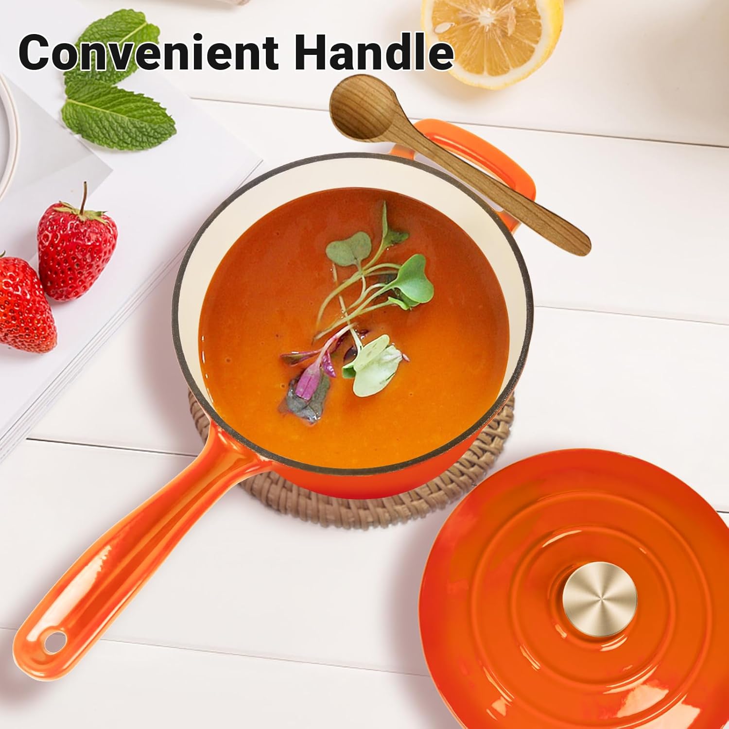 Enameled Cast Iron Sauce Pan, 2 Quarts Round Sauce Pot with Lid, Mini Dutch Oven Enamel Saucepan for Cooking Pasta Sauce, Marinate, Cook, Refrigerate and Serve, Flame Orange