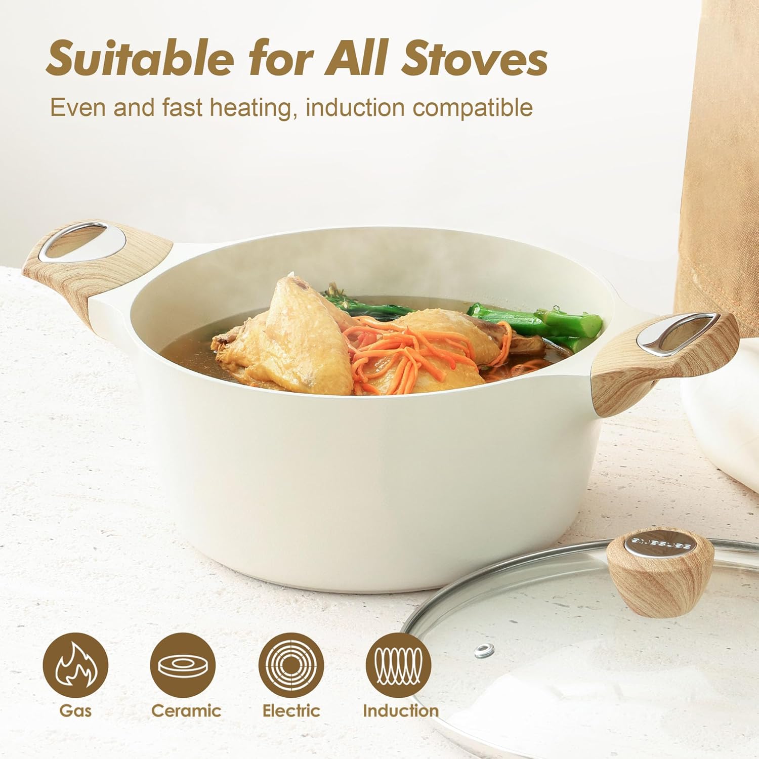 Ceramic Nonstick Stock Pot with Lid, 2.6/4.5/6.6 QT Soup Pot Casserole Pot, Non-toxic Healthy Pasta Pot, Large Cooking Pot Stew Pot, Induction Compatible, PFOA PFAS PTFE Free, White