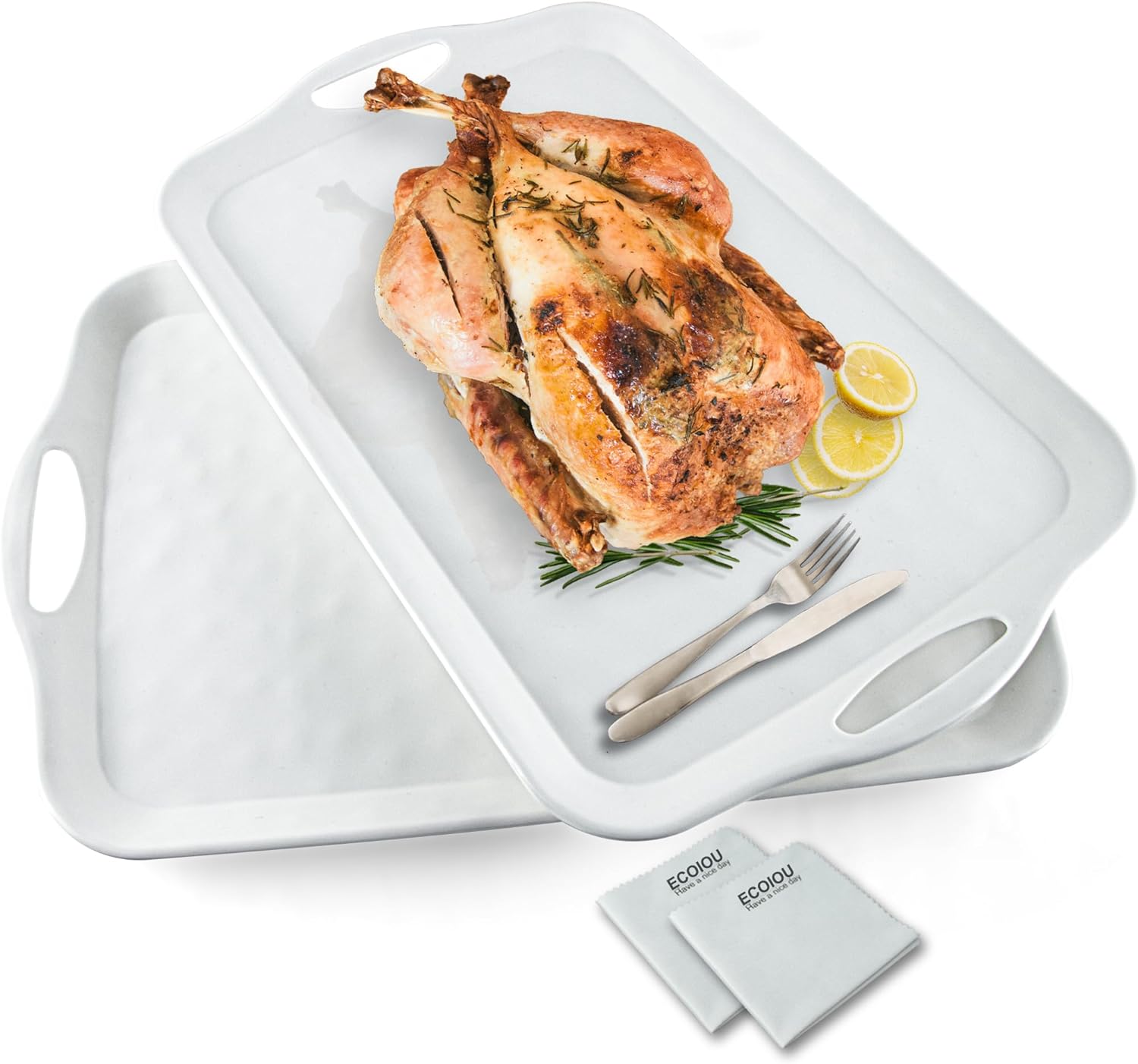 Extra Large Serving Tray with Handles, 20x13 inch, Set of 2 Melamine Platters for Serving Food, Turkey, Cookie, Rectangular Trays for Eating, Raised Dots Matt Finished, Dishwasher Safe, White