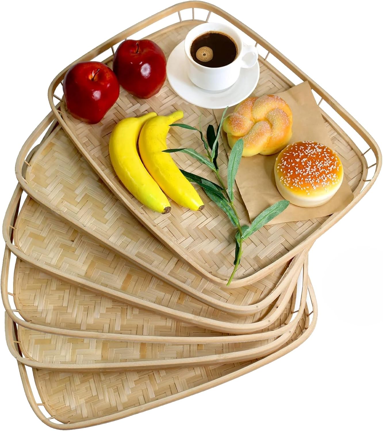Set of 4 Bamboo Wicker Serving Trays for Foods & Drinks, Rectangular Breakfast Lap Trays with Handles Wooden Decorative Platters for Coffee Table, Bed Eating