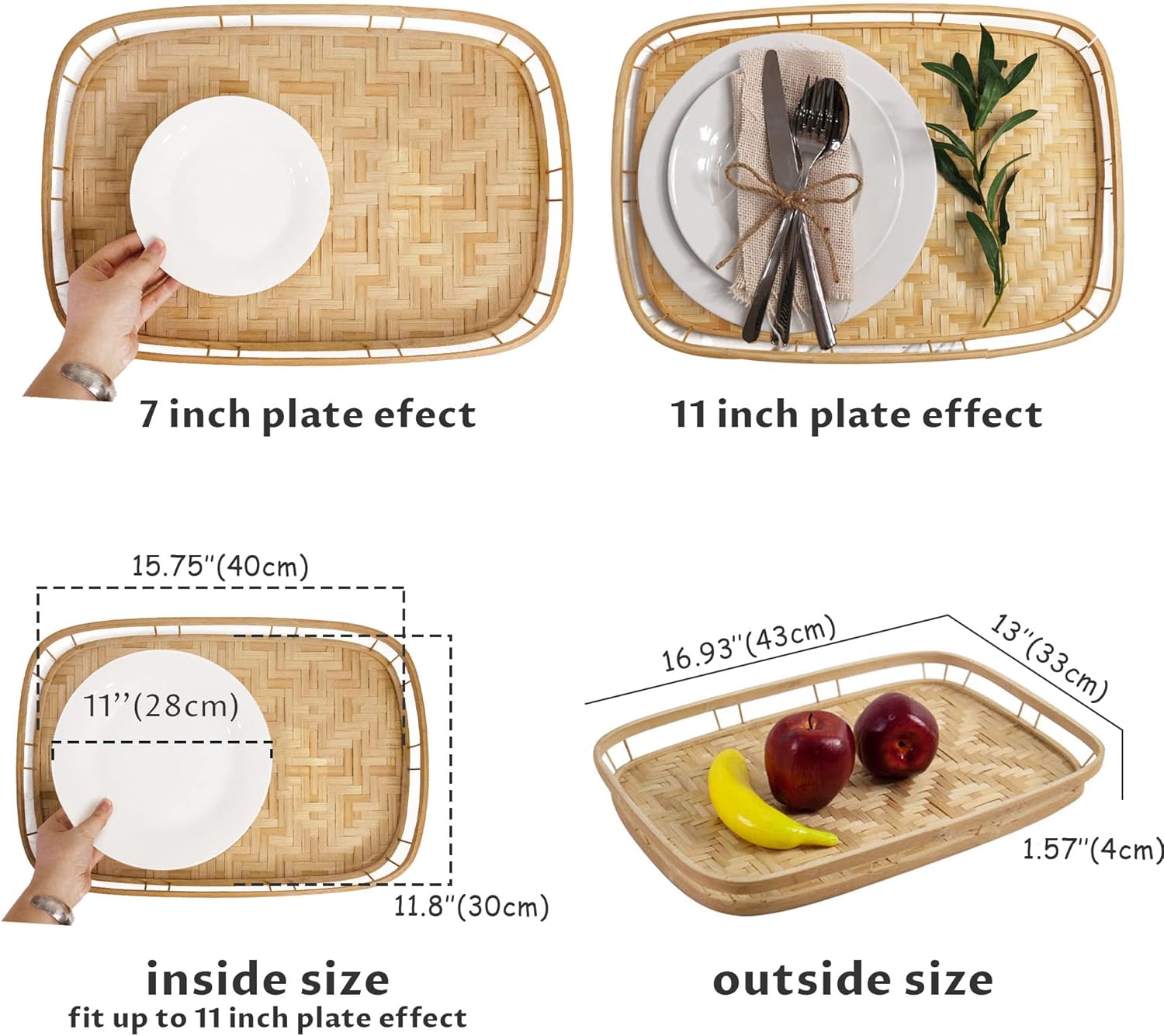 Set of 4 Bamboo Wicker Serving Trays for Foods & Drinks, Rectangular Breakfast Lap Trays with Handles Wooden Decorative Platters for Coffee Table, Bed Eating