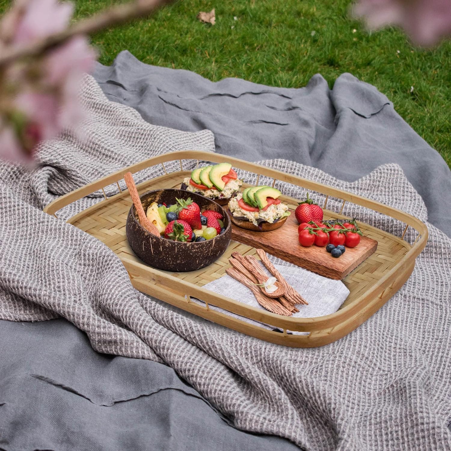 Set of 4 Bamboo Wicker Serving Trays for Foods & Drinks, Rectangular Breakfast Lap Trays with Handles Wooden Decorative Platters for Coffee Table, Bed Eating